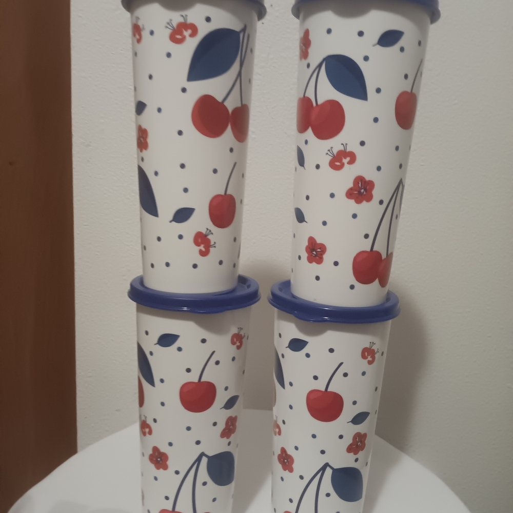 Tupperware Cherry Design Tumblers - Red, Blue, White